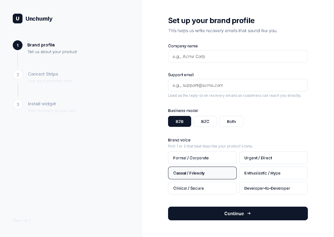 Unchurnly brand voice onboarding screen showing selectable tone presets