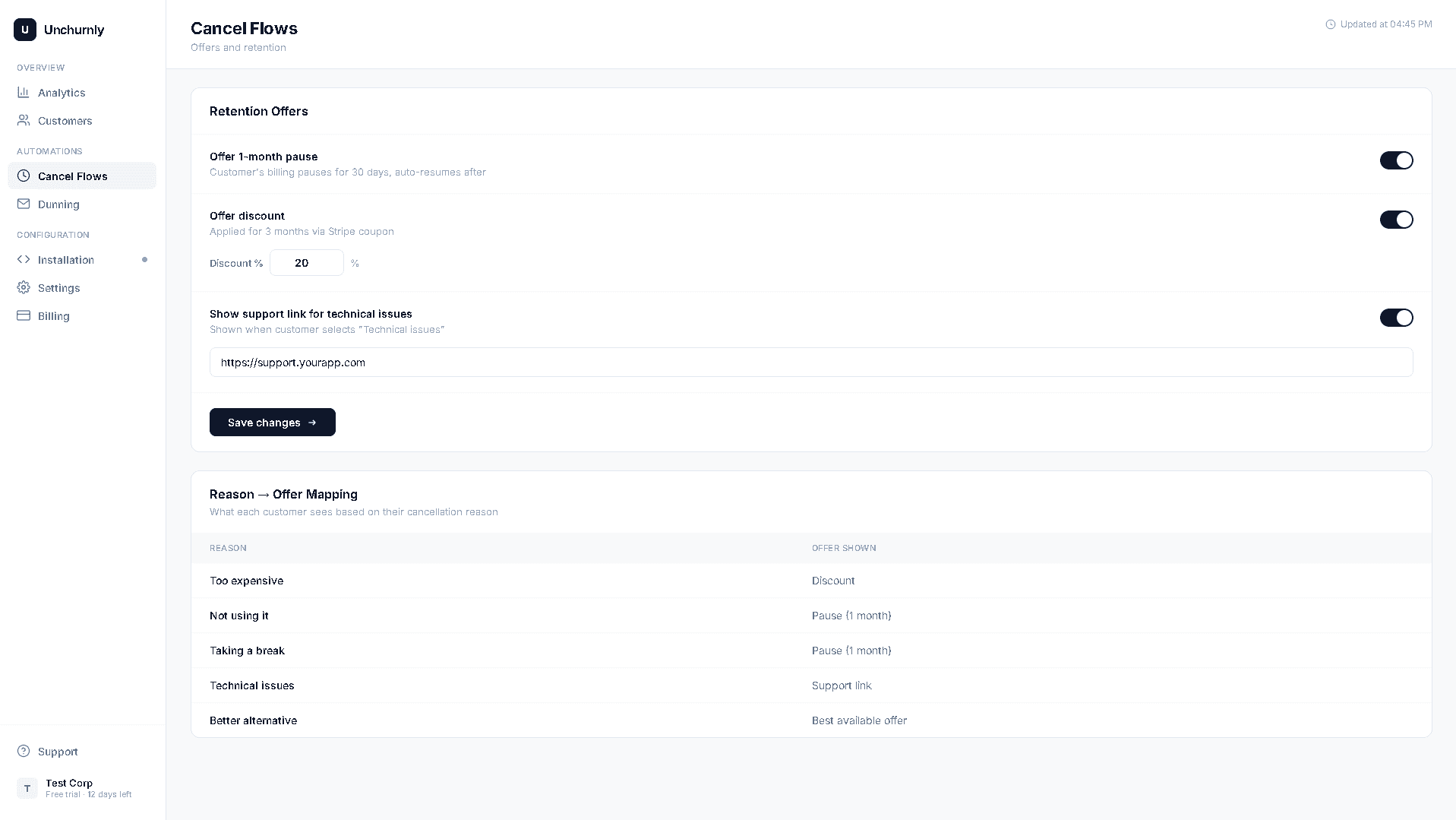 Unchurnly cancel flow configuration screen with retention offers and reason-to-offer mapping