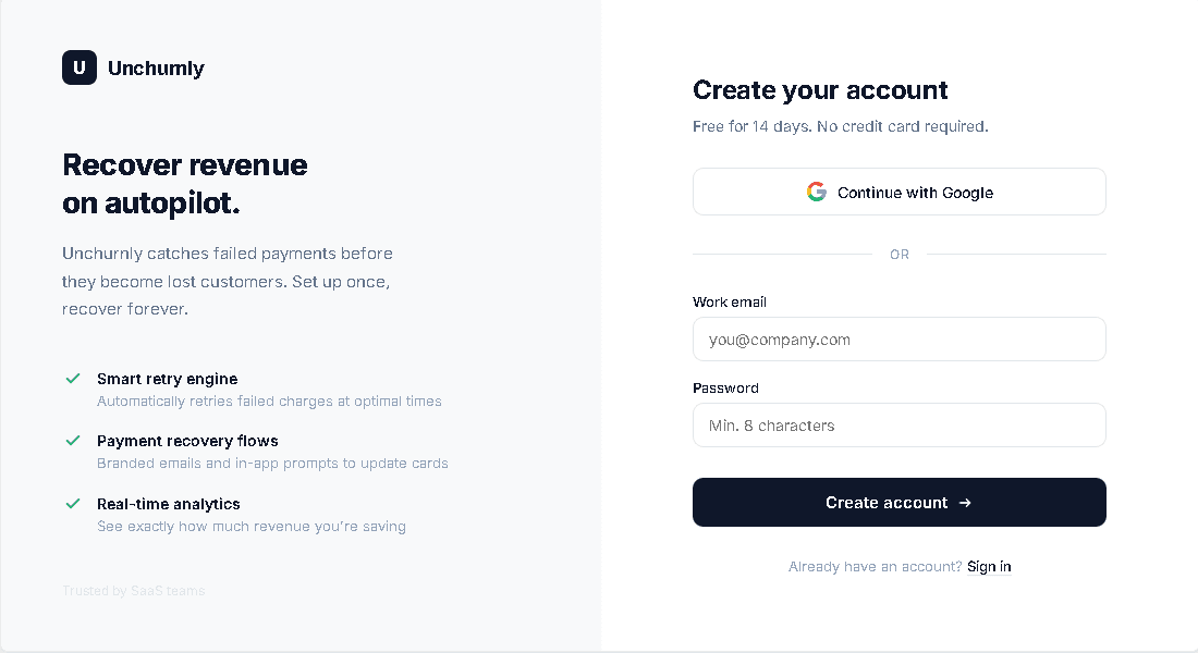 Unchurnly signup page with Google OAuth and email sign-up options